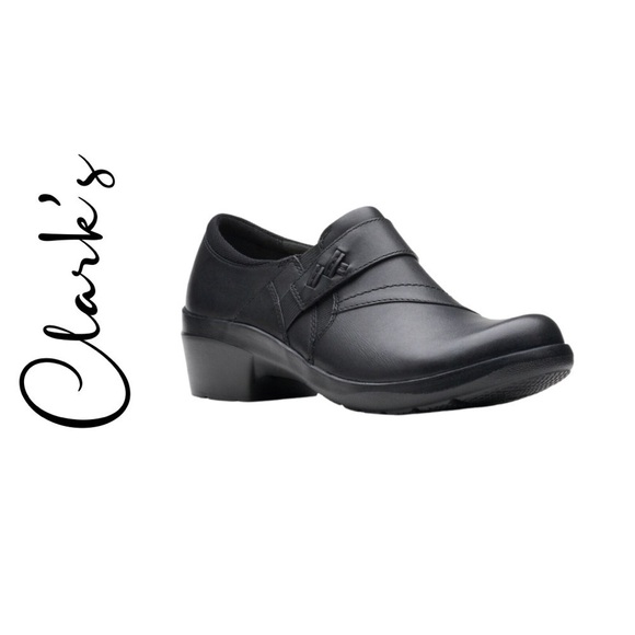 Clarks Comfort Angie Pearl Slip On Black Leather Clogs Loafers - Picture 1 of 10